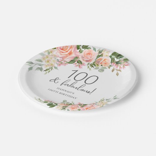ピーチピンクローズフローラ100誕生日 ペーパープレート (アングル)