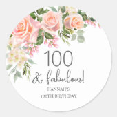 ピーチピンクローズフローラ100誕生日 ラウンドシール (正面)