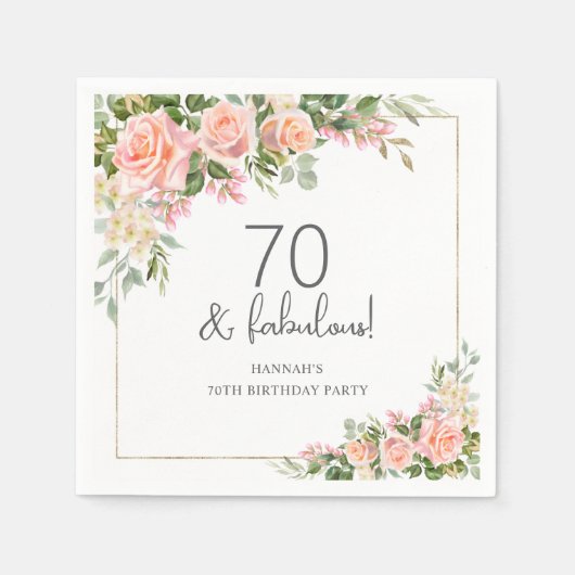 ピーチピンクローズフローラ70誕生日 スタンダードカクテルナプキン (正面)