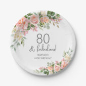 ピーチピンクローズフローラ80誕生日 ペーパープレート (正面)