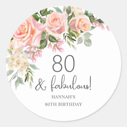 ピーチピンクローズフローラ80誕生日 ラウンドシール (正面)