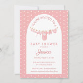 ピーチピンク水玉模様つるズ服赤ちゃんシャワー 招待状 (正面)