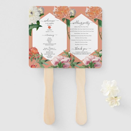 ピーチピンク牡丹花結婚式 プログラム ハンドファン (正面&裏面)