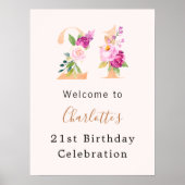 ピーチピンク花模様数21歳の誕生日へようこそ ポスター (正面)