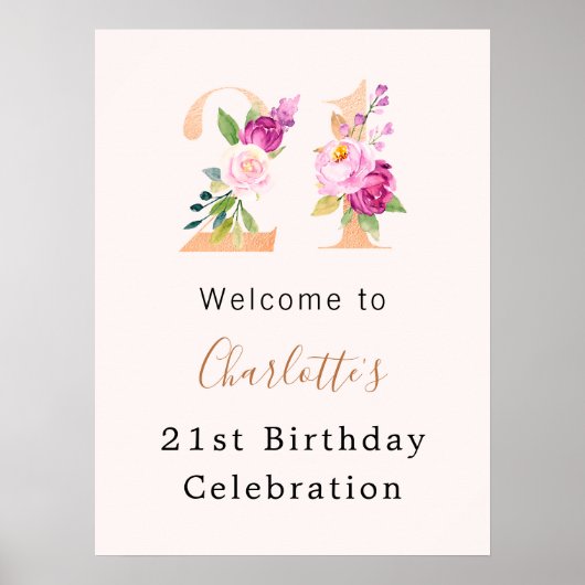 ピーチピンク花模様数21歳の誕生日へようこそ ポスター (正面)