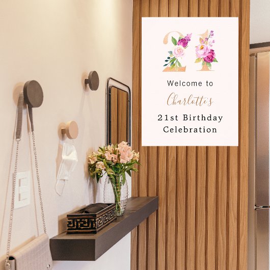 ピーチピンク花模様数21歳の誕生日へようこそ ポスター