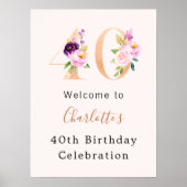 ピーチピンク花模様数40歳の誕生日へようこそ ポスター (正面)