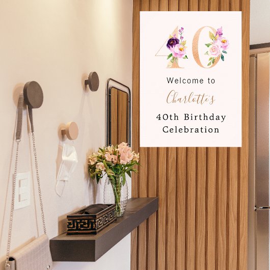 ピーチピンク花模様数40歳の誕生日へようこそ ポスター