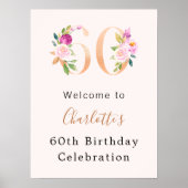 ピーチピンク花模様数60歳の誕生日へようこそ ポスター (正面)