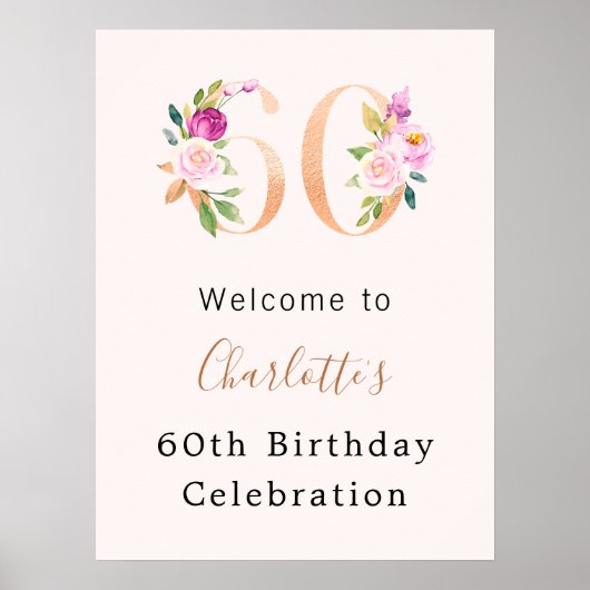 ピーチピンク花模様数60歳の誕生日へようこそ ポスター (正面)