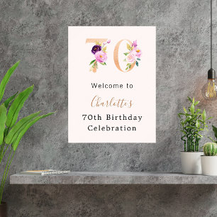 ピーチピンク花模様数70th birthday welcome ポスター