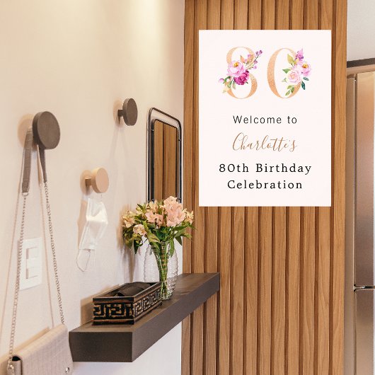 ピーチピンク花模様数80th birthday welcome ポスター