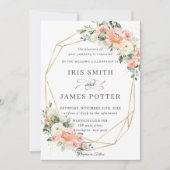 ピーチピンク赤面アイボリーフローラ結婚の幾何学 招待状 (正面)