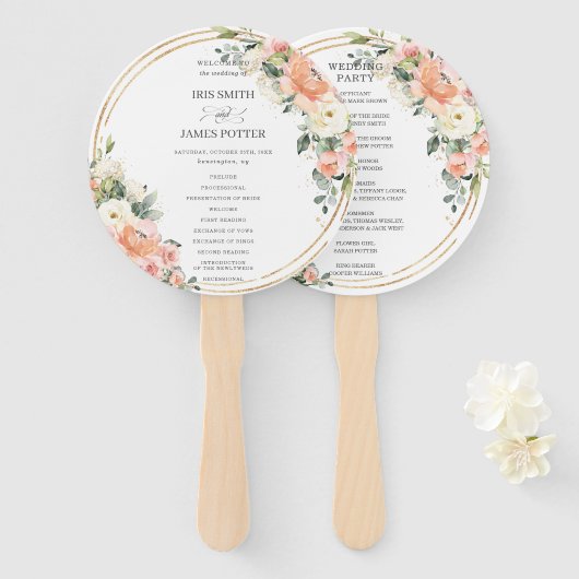 ピーチピンク赤面アイボリーフローラ金ゴールド結婚式 プログラム ハンドファン (正面&裏面)