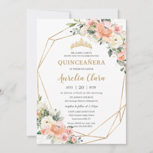 ピーチピンク赤面アイボリーフローラ15thキンセアニラ 招待状 (正面)