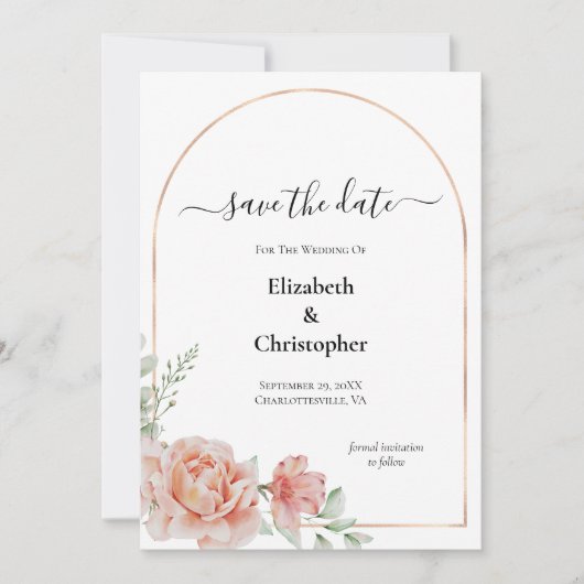 ピーチピンク赤面フローラ結婚式の日付を保存 招待状 (正面)
