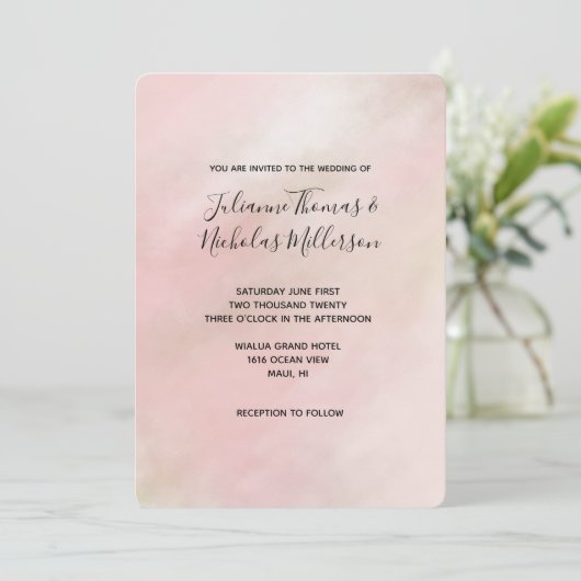 ピーチピンク赤面絞り染めウォーターカパーソナライズされたラー 招待状 (スタンド正面)