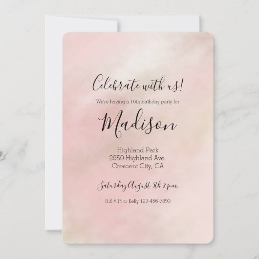 ピーチピンク赤面絞り染めウォーターパーソナライズされたカラー 招待状 (正面)