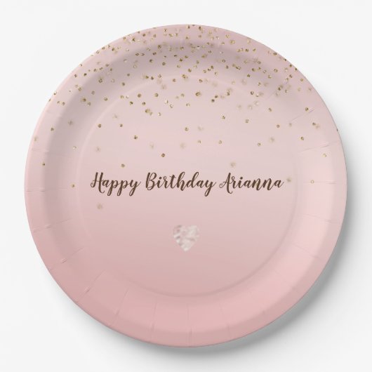 ピーチピンク赤面金ゴールドグリッツ紙吹雪スパークルハート ペーパープレート (正面)