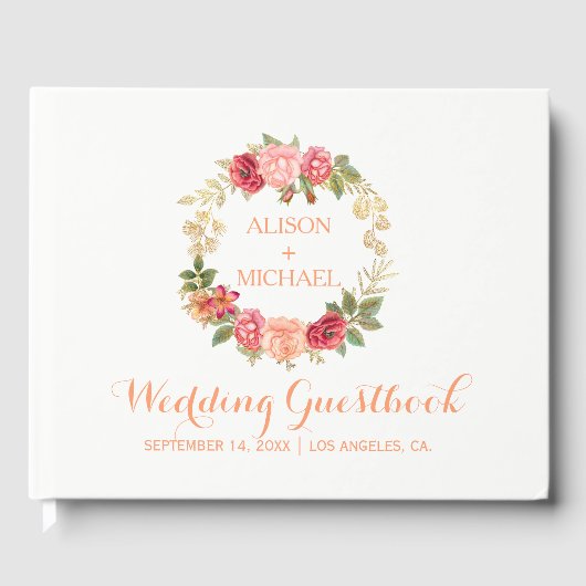 ピーチピンク金ゴールドバラ結婚リースのゲストブック ゲストブック (正面)