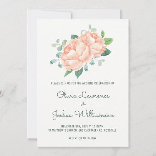 ピーチピーニーウォーターカラー結婚式招待状 招待状 (正面)
