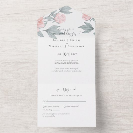 ピーチピーニーズセージフローラバジェット結婚ズ オールインワン招待状 (内側)