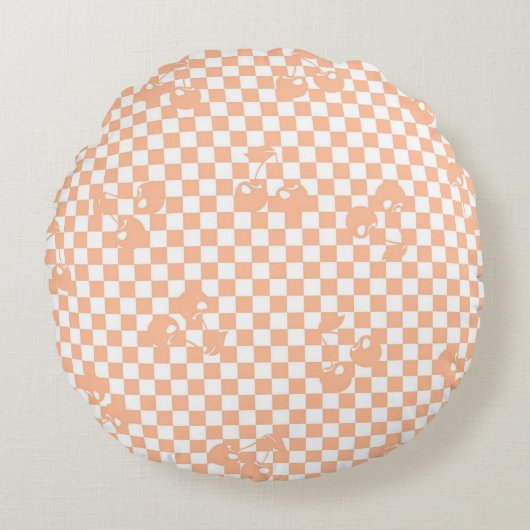 ピーチファズさくらんぼジンガムパターン ラウンドクッション (正面)