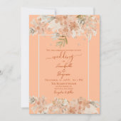 ピーチファズと錆の水の色のフローラ結婚 招待状 (正面)