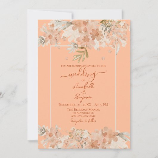 ピーチファズと錆の水の色のフローラ結婚 招待状 (正面)