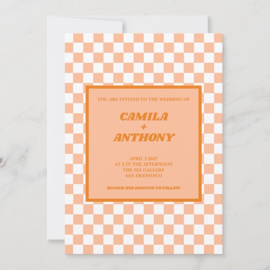 ピーチファズオレンジチェッカージンジャムパターン 招待状 (正面)