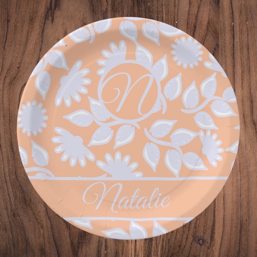 ピーチファズカラー – フローラルパターモノグラムのン –  ペーパープレート