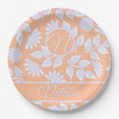 ピーチファズカラー – フローラルパターモノグラムのン –  ペーパープレート (正面)