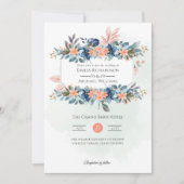 ピーチファズダスティブルーフローラビンテージウェディング 招待状 (正面)