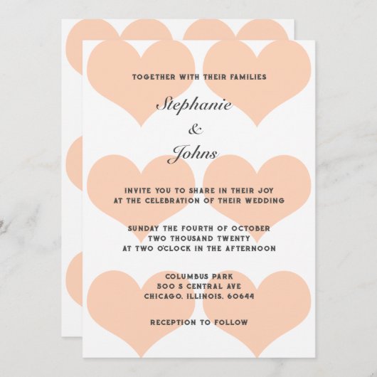 ピーチファズハートパターエレガントンロマン結婚ティーズ 招待状 (正面/裏面)