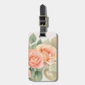 ピーチファズバラバックグラウンドモノグラム名ハート ラゲッジタグ (正面縦)