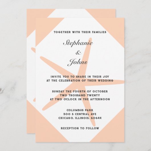 ピーチファズヒトデエレガントトロピカルビーチ結婚式 招待状 (正面/裏面)