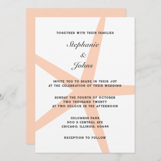 ピーチファズヒトデ熱帯ビーチエレガントな結婚式 招待状 (正面/裏面)