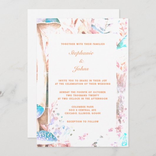 ピーチファズマッシュルーム抽象芸術ボホウッドランド結婚ズ 招待状 (正面/裏面)