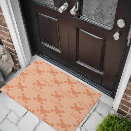 ピーチファズラブハートバイリンガル文字"Amor""Love" ドアマット