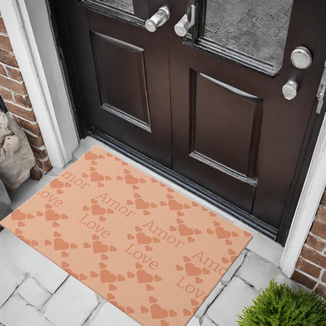 ピーチファズラブハートバイリンガル文字"Amor""Love" ドアマット (cute peach hearts, bilingual text Doormat with "amor-love" customiszable
Multilingual project.)