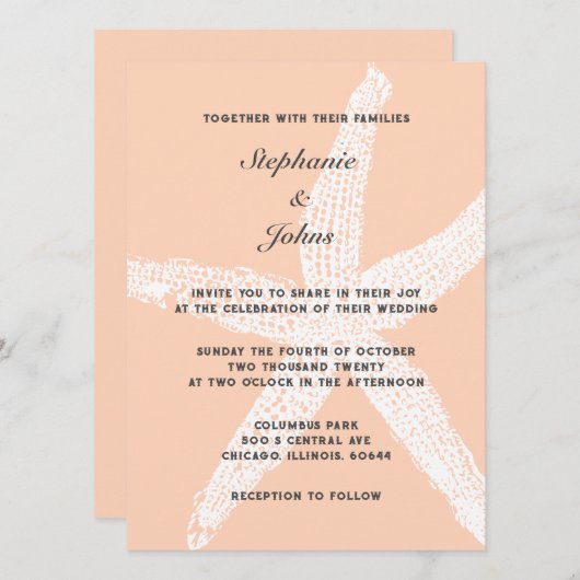 ピーチファズラージヒトデ熱帯ビーチ結婚式 招待状 (正面/裏面)