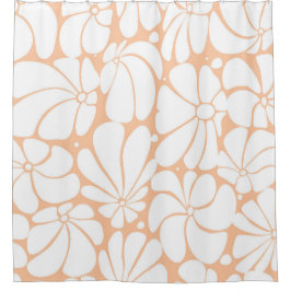 ピーチファズレトロ70sホワイトフラワーグラフィックデザイン シャワーカーテン