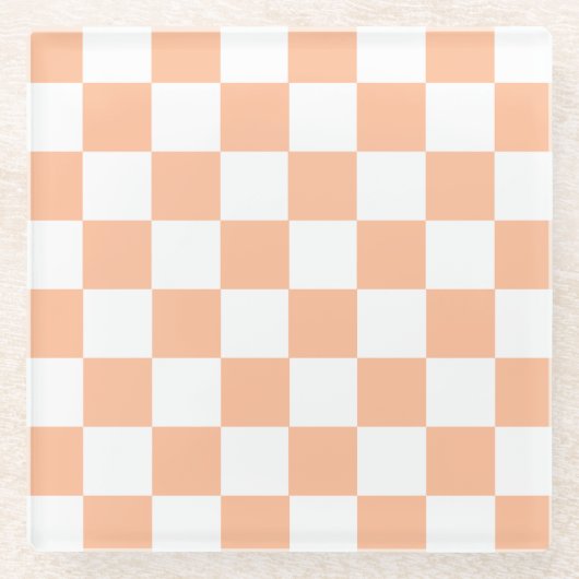 ピーチファズ市松模様にジンガムパターン ガラスコースター (正面)