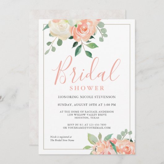 ピーチフェミニンウォーター色フローラブライダルシャワー 招待状 (正面/裏面)