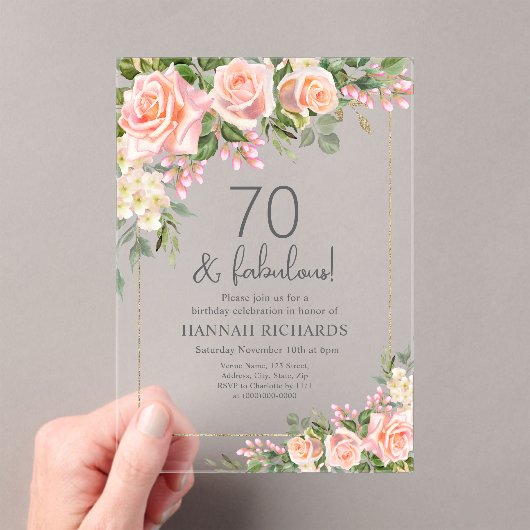 ピーチフェミニンー | ピンクローズフローラ70誕生日 アクリル招待状 (インサイチュ (ポータブル))