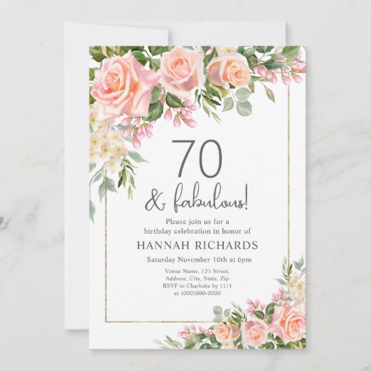 ピーチフェミニンー | ピンクローズフローラ70誕生日 招待状 (正面)