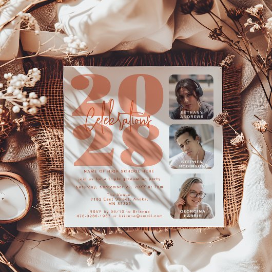 ピーチフォトトリプル卒業招待状 招待状