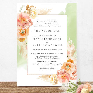 ピーチフォーマル赤面フローラグリーンウォーター結婚カラー 招待状