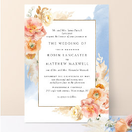 ピーチフォーマル赤面フローラブルーウォーター結婚カラー 招待状