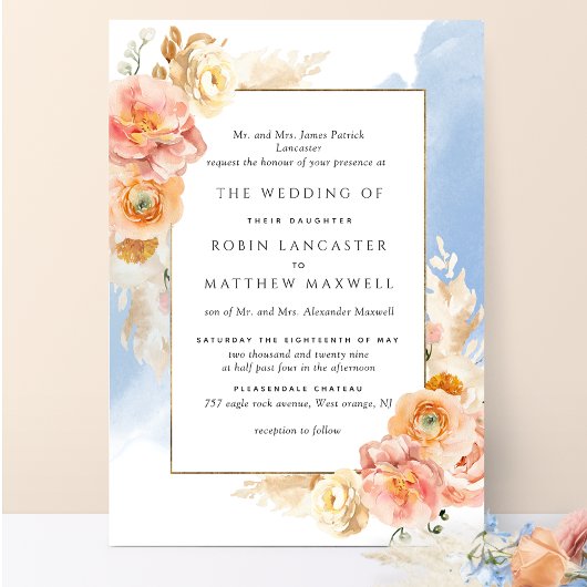 ピーチフォーマル赤面フローラブルーウォーター結婚カラー 招待状